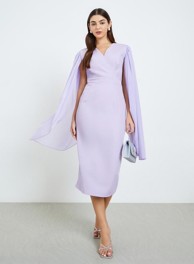 Styli Women Lilac Cape Sleeve Sheath Midi Dress - Image 5